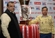 Hockey India Secretary General & Chairman of Hero Hockey India League Dr. Narinder Batra and Managing Director & CEO of Hero MotoCorp Ltd Mr. Pawan Munjal with the Hero Hockey India League Trophy