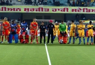 Both team line up before start the match at Jalandhar Punjab Warriors Vs Ranchi Rhinos on 16th jan 2013.