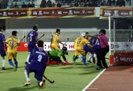 First goal for Punjab hitting by Dwyer Jame his captain against UP Wizards at Jalandhar on 17th Jan 2013