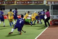 First goal for Punjab hitting by Dwyer Jame his captain against UP Wizards at Jalandhar on 17th Jan 2013