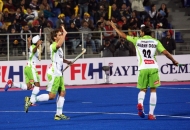DWR celebrates after scoring a goal against JPW in HHIL 2014 match on 25th Jan 2014 at mohali