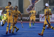 JPW team celebrates after scoring a goal aganist DWR in HHIL 2014 match on 25th Jan 2014 at mohali