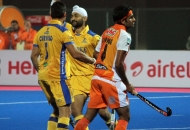 Sandeep Singh of JPW celebrates afte hitting a goal against KL