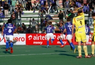 Jeroen hertzberger of UP wizards scoring a first goal for UP wizards against Ranchi Rhinos match at lucknow on 20th Jan 2013