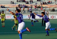 UP wizards celebrating their second goal against rhinos match at lucknow on 20th Jan 2013 (pic-1)