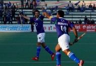 UP wizards celebrating their second goal against rhinos match at lucknow on 20th Jan 2013 (pic-1)