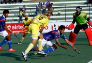 UP Wizards trying to hit a goal against Ranchi Rhinos at lucknow